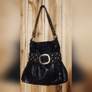 Kathy Van Zeeland Black Metal Mesh Belted Studded Handbag Punk Glam Shoulder Bag